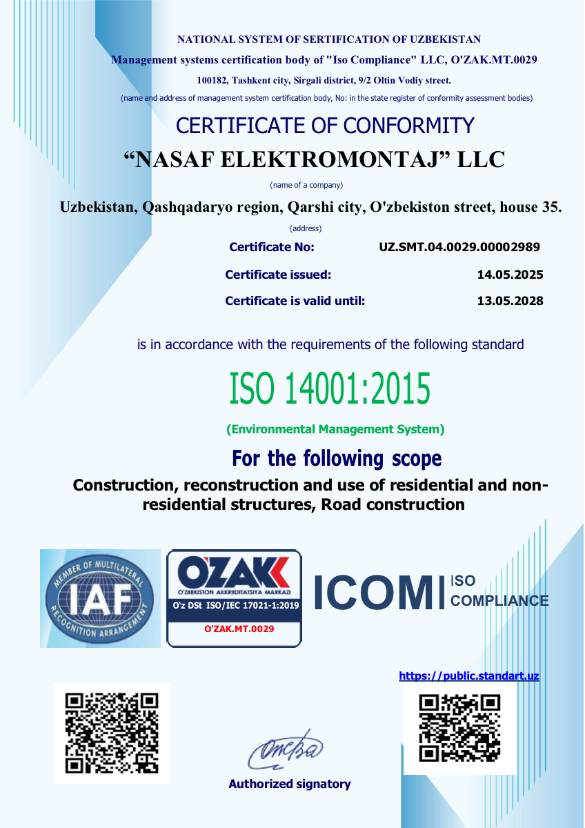 ISO 14001:2015 Atrof-muhit Boshqaruvi Sertifikati